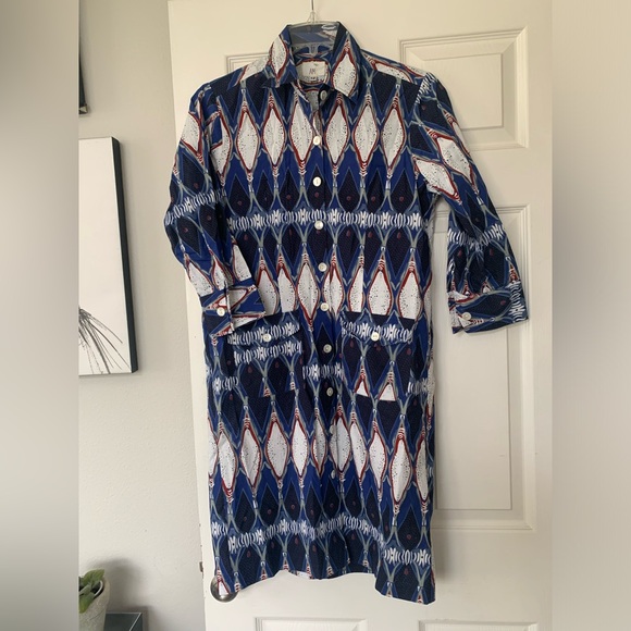 Blue,white & red printed cotton short dress. 2 pockets, shell buttons. - Picture 5 of 9